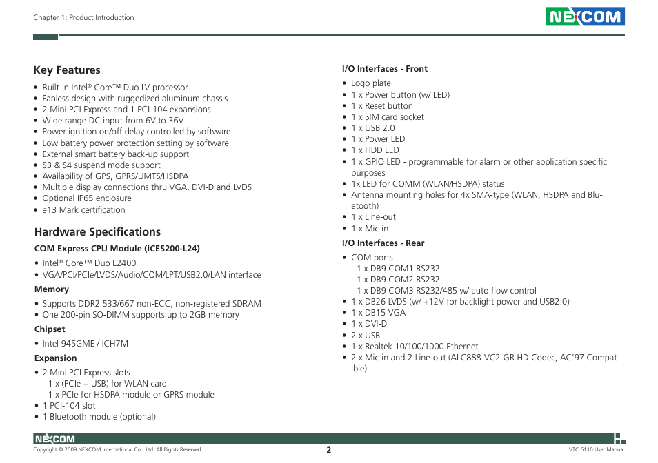 Key features, Hardware specifications | NEXCOM VTC 6110 User Manual | Page 16 / 117