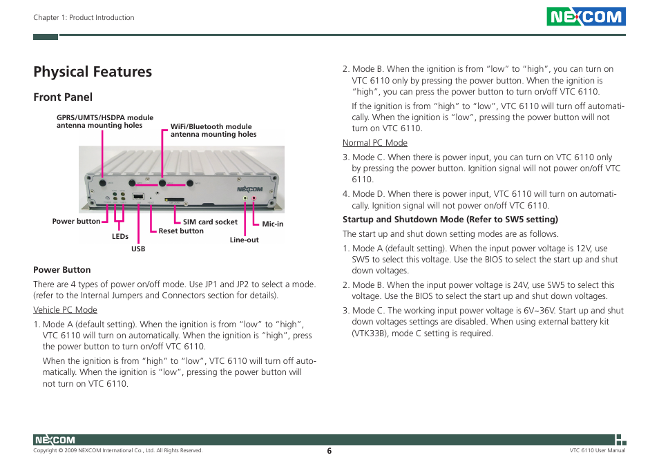 Physical features, Front panel | NEXCOM VTC 6110 User Manual | Page 20 / 117