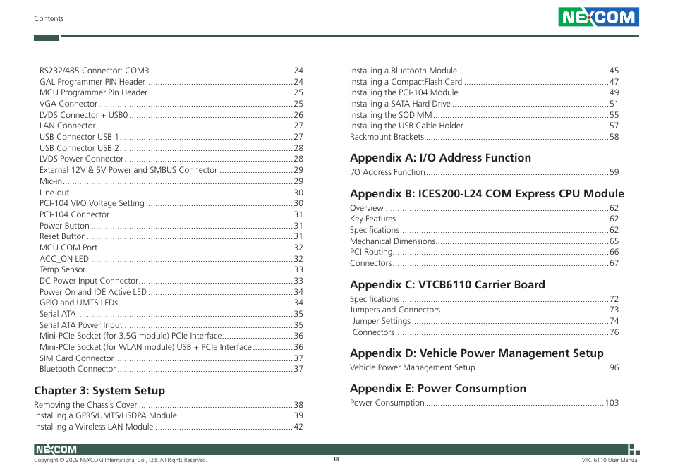 Chapter 3: system setup, Appendix a: i/o address function, Appendix c: vtcb6110 carrier board | Appendix d: vehicle power management setup, Appendix e: power consumption | NEXCOM VTC 6110 User Manual | Page 3 / 117