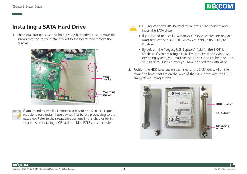 Installing a sata hard drive | NEXCOM VTC 6110 User Manual | Page 65 / 117