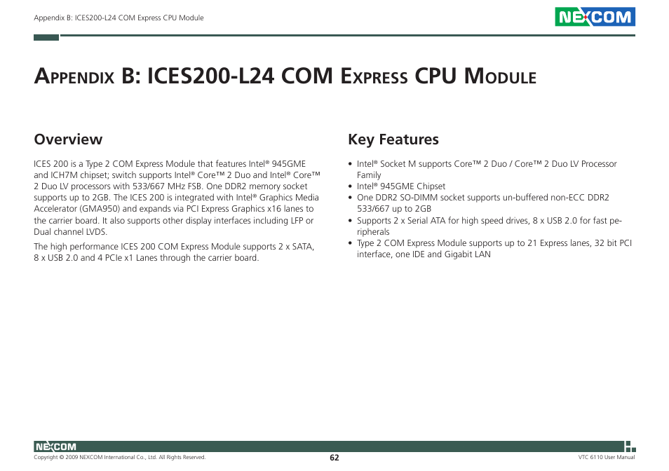 Cpu m, Ppendix, Xpress | Odule, Overview, Key features | NEXCOM VTC 6110 User Manual | Page 76 / 117