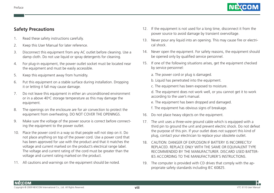 Safety precautions | NEXCOM VTC 6110 User Manual | Page 8 / 117