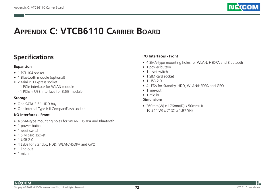 C: vtcb6110 c, Ppendix, Arrier | Oard, Specifications | NEXCOM VTC 6110 User Manual | Page 86 / 117