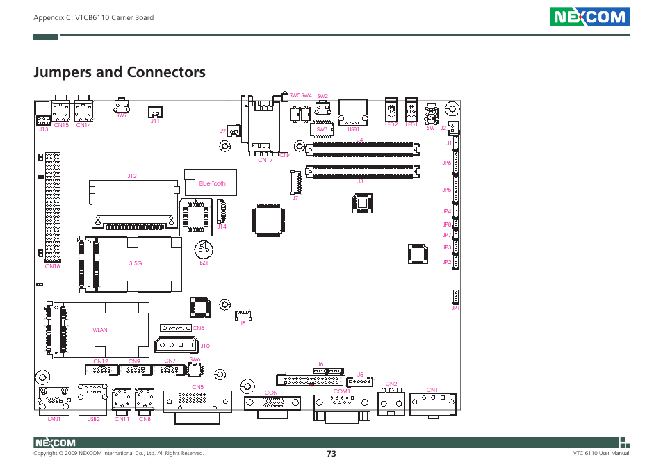 Jumpers and connectors, Appendix c: vtcb6110 carrier board | NEXCOM VTC 6110 User Manual | Page 87 / 117