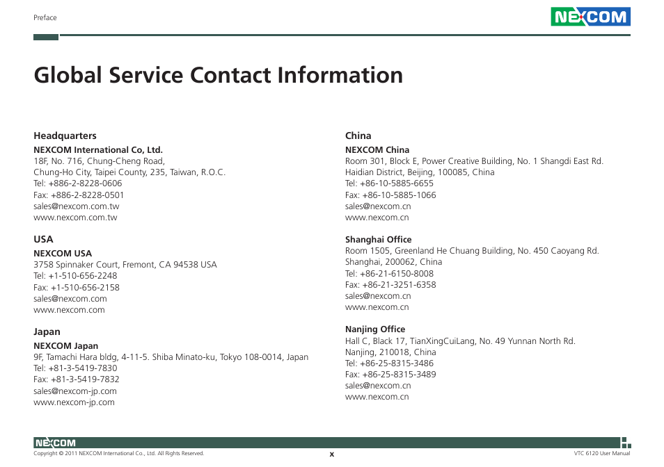 Global service contact information | NEXCOM VTC 6120 User Manual | Page 10 / 116