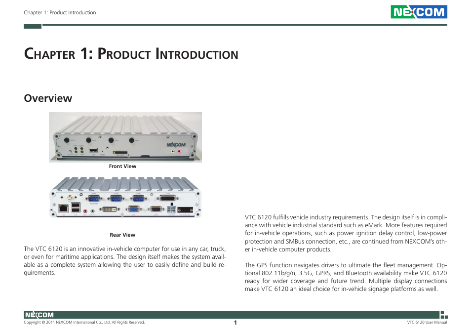 Hapter, Roduct, Ntroduction | Overview | NEXCOM VTC 6120 User Manual | Page 15 / 116