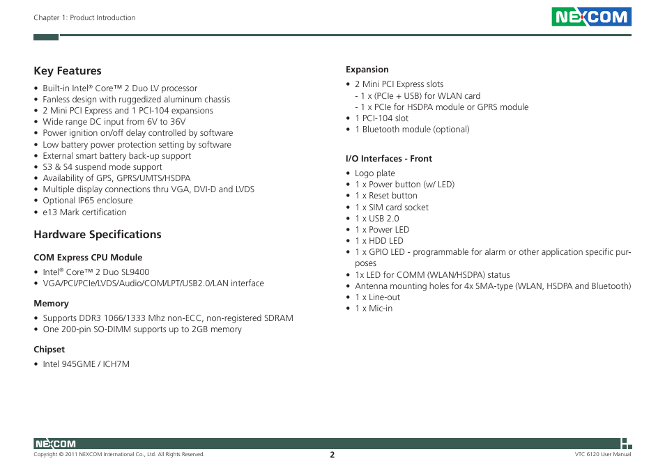 Key features, Hardware specifications | NEXCOM VTC 6120 User Manual | Page 16 / 116