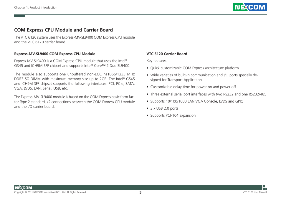 Com express cpu module and carrier board | NEXCOM VTC 6120 User Manual | Page 19 / 116