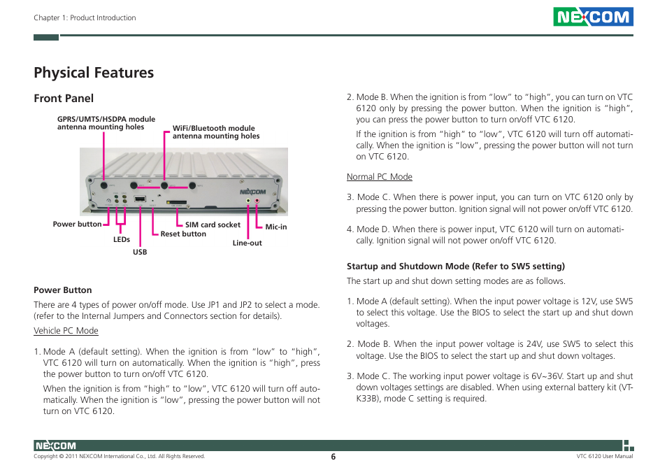 Physical features, Front panel | NEXCOM VTC 6120 User Manual | Page 20 / 116