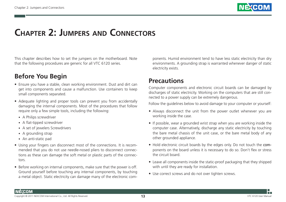 Hapter, Umpers, Onnectors | Before you begin, Precautions | NEXCOM VTC 6120 User Manual | Page 27 / 116