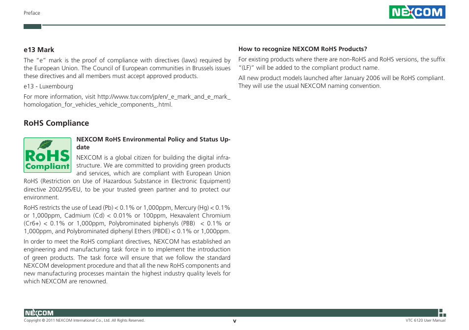 Rohs compliance | NEXCOM VTC 6120 User Manual | Page 5 / 116