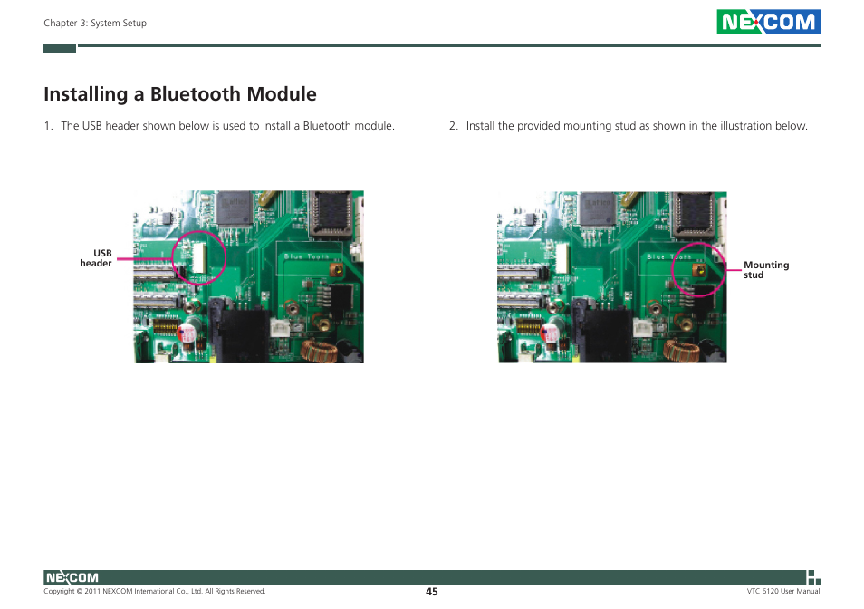 Installing a bluetooth module | NEXCOM VTC 6120 User Manual | Page 59 / 116