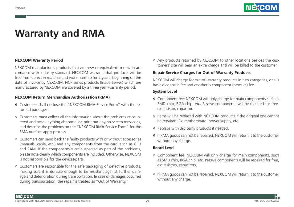 Warranty and rma | NEXCOM VTC 6120 User Manual | Page 6 / 116