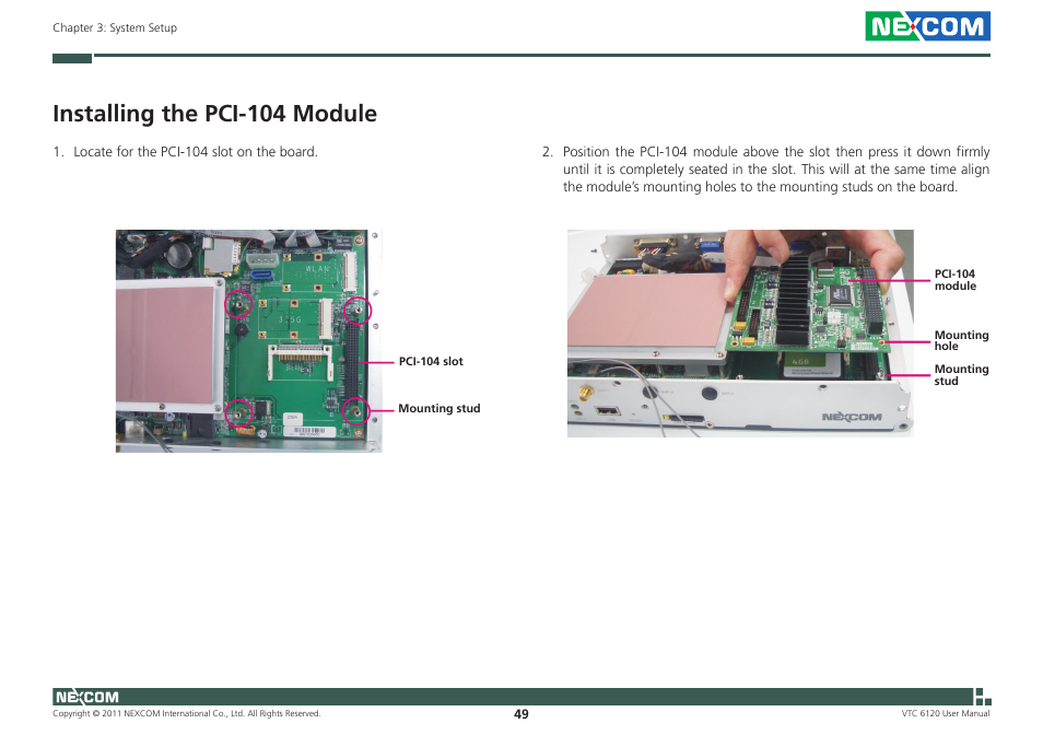 Installing the pci-104 module | NEXCOM VTC 6120 User Manual | Page 63 / 116