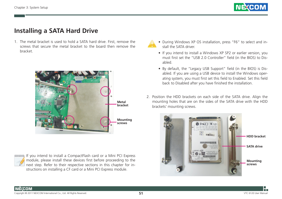 Installing a sata hard drive | NEXCOM VTC 6120 User Manual | Page 65 / 116