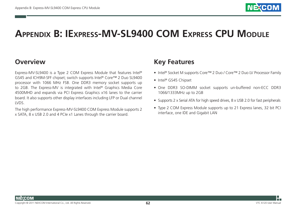 B: ie, Mv-sl9400 com e, Cpu m | Ppendix, Xpress, Odule, Overview, Key features | NEXCOM VTC 6120 User Manual | Page 76 / 116