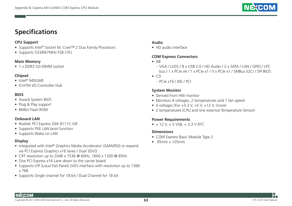 Specifications | NEXCOM VTC 6120 User Manual | Page 77 / 116