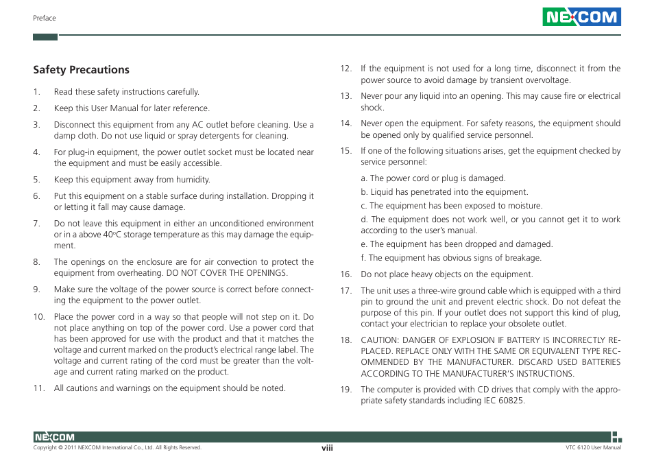 Safety precautions | NEXCOM VTC 6120 User Manual | Page 8 / 116