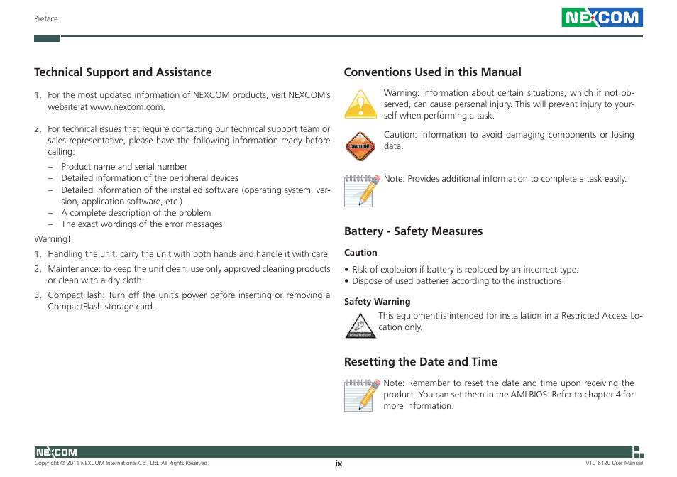 Technical support and assistance, Conventions used in this manual, Battery - safety measures | Resetting the date and time | NEXCOM VTC 6120 User Manual | Page 9 / 116