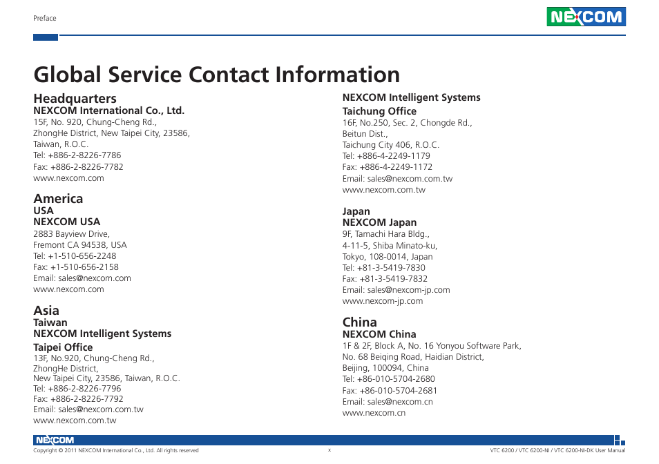 Global service contact information, Headquarters, America | Asia, China | NEXCOM VTC 6200 User Manual | Page 10 / 81