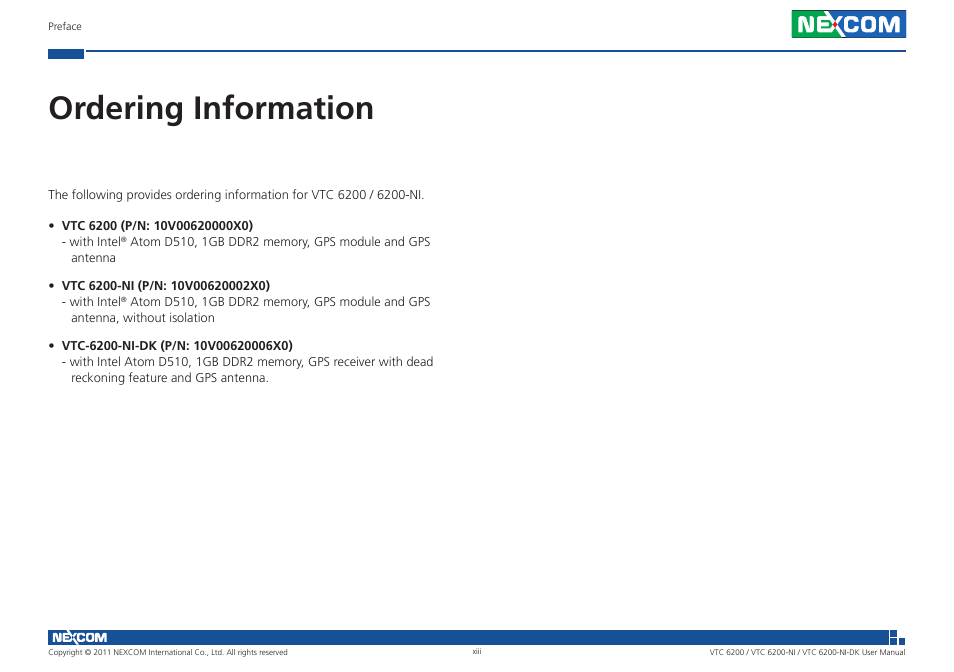 Ordering information | NEXCOM VTC 6200 User Manual | Page 13 / 81