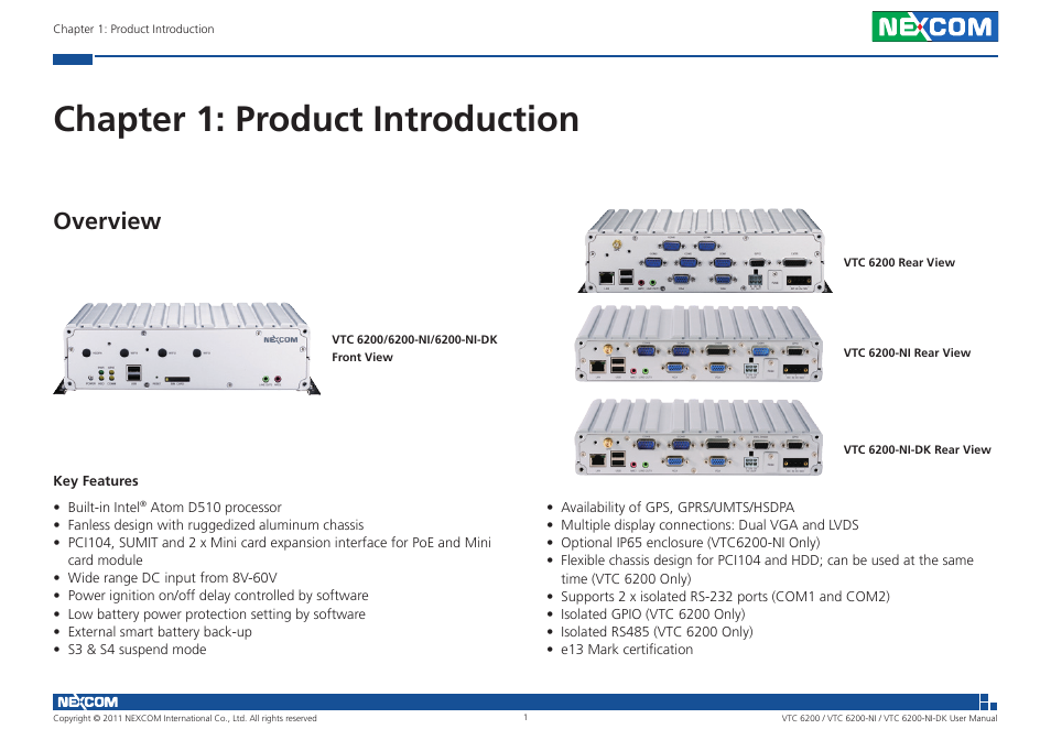 Chapter 1: product introduction, Overview | NEXCOM VTC 6200 User Manual | Page 14 / 81