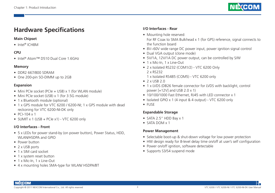 Hardware specifications | NEXCOM VTC 6200 User Manual | Page 16 / 81