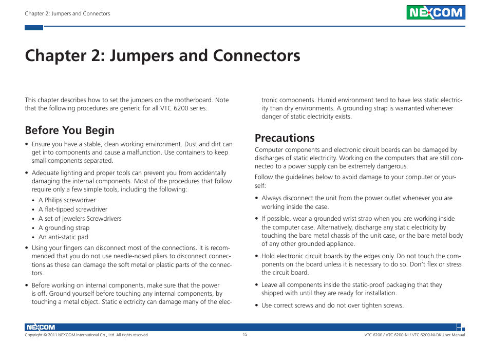 Chapter 2: jumpers and connectors, Before you begin, Precautions | NEXCOM VTC 6200 User Manual | Page 28 / 81
