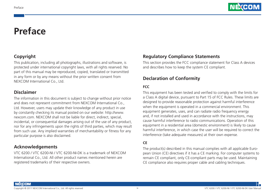 Preface | NEXCOM VTC 6200 User Manual | Page 4 / 81
