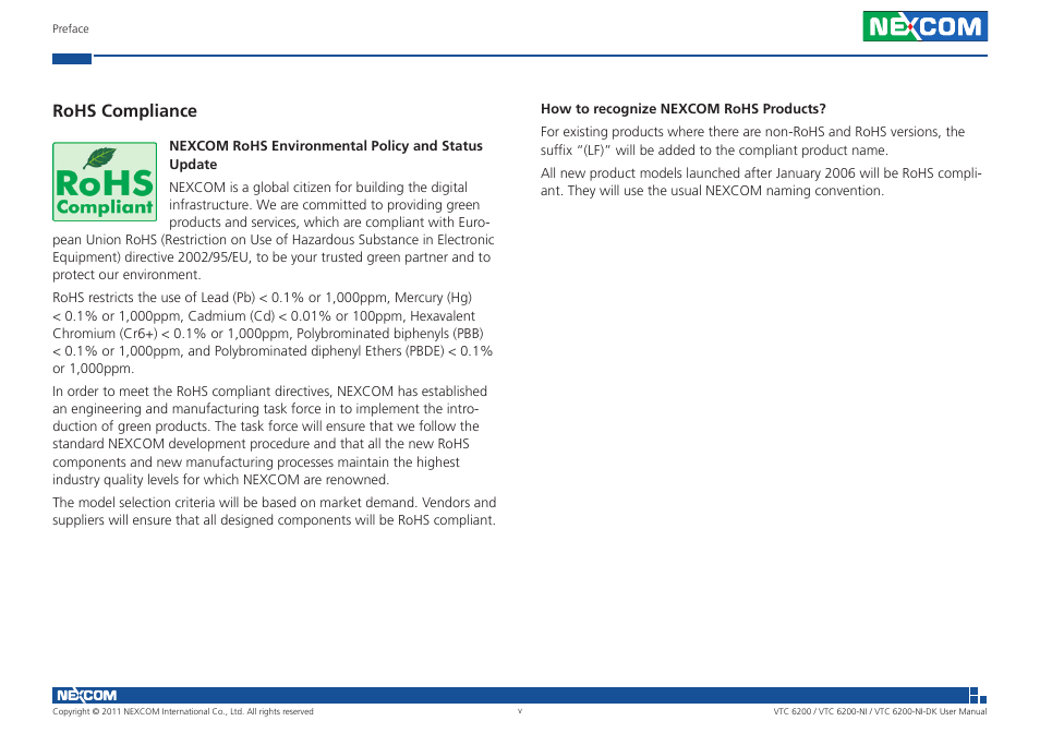 Rohs compliance | NEXCOM VTC 6200 User Manual | Page 5 / 81