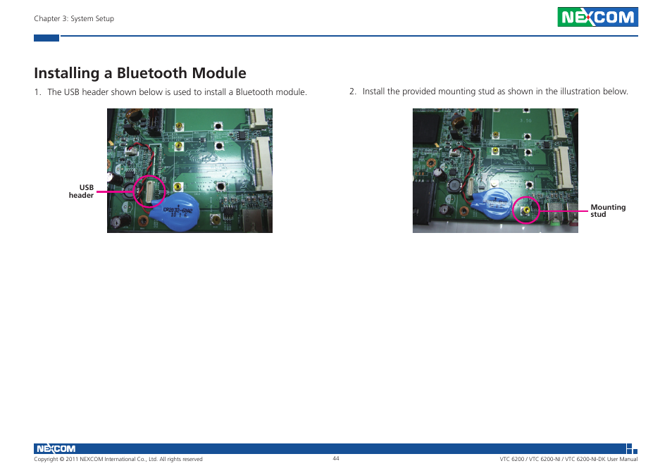 Installing a bluetooth module | NEXCOM VTC 6200 User Manual | Page 57 / 81