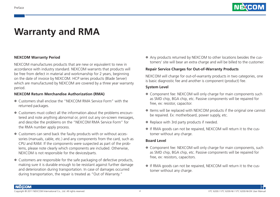 Warranty and rma | NEXCOM VTC 6200 User Manual | Page 6 / 81