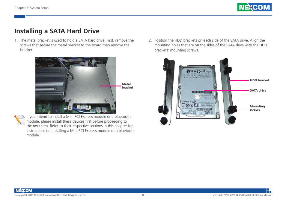 Installing a sata hard drive | NEXCOM VTC 6200 User Manual | Page 61 / 81