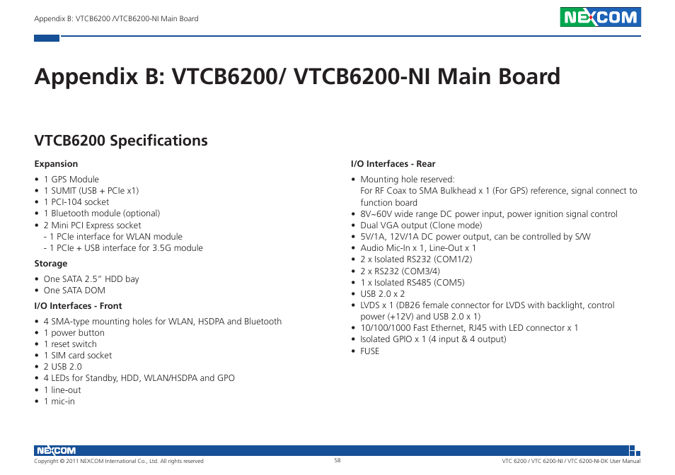 Vtcb6200 specifications | NEXCOM VTC 6200 User Manual | Page 71 / 81