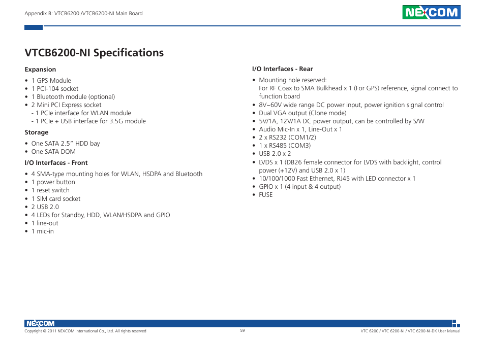 Vtcb6200-ni specifications | NEXCOM VTC 6200 User Manual | Page 72 / 81