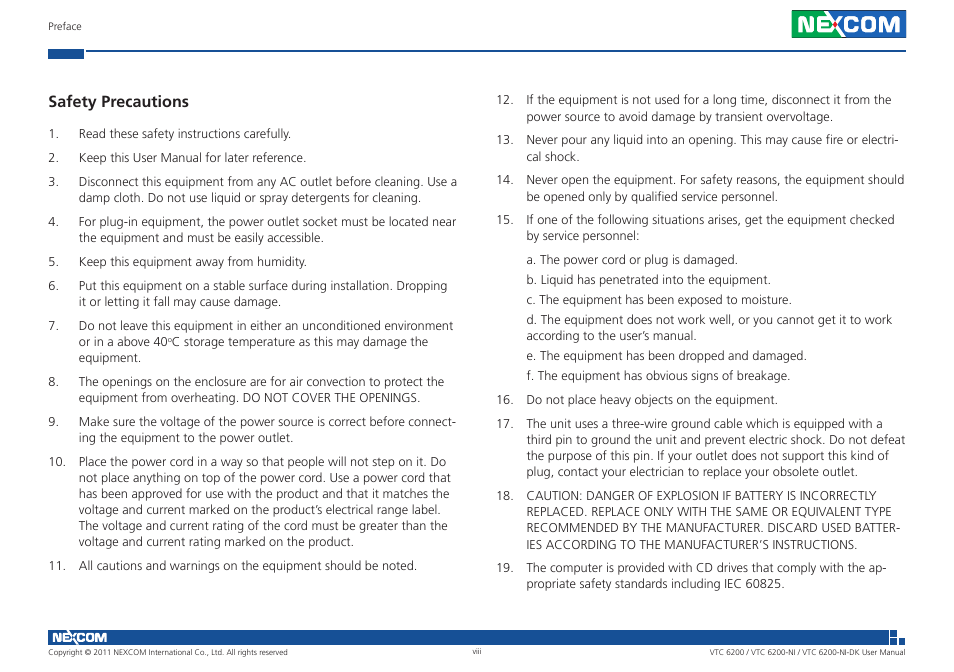 Safety precautions | NEXCOM VTC 6200 User Manual | Page 8 / 81