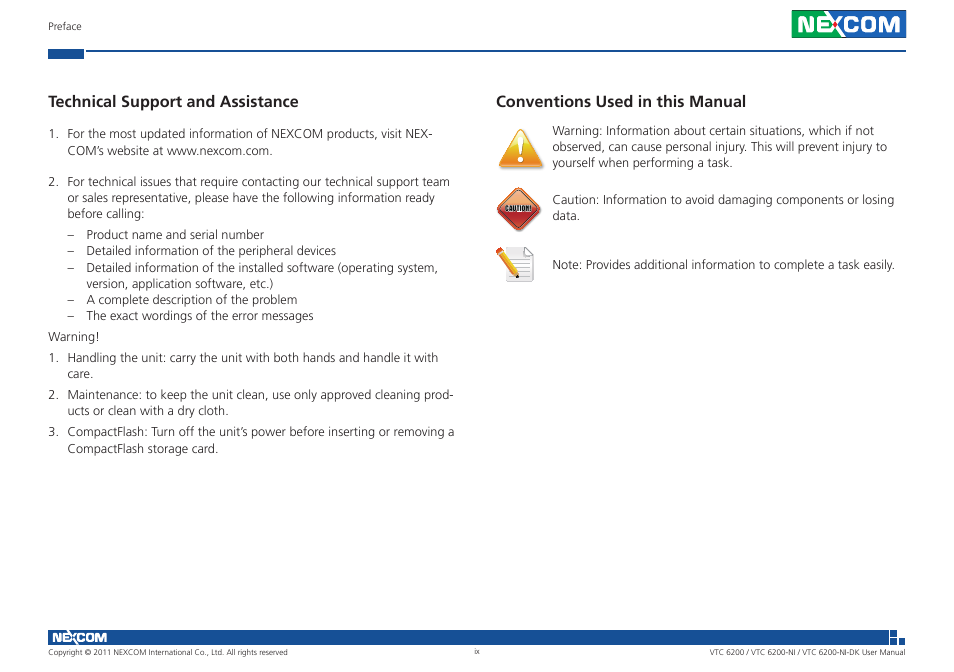 Conventions used in this manual, Technical support and assistance | NEXCOM VTC 6200 User Manual | Page 9 / 81