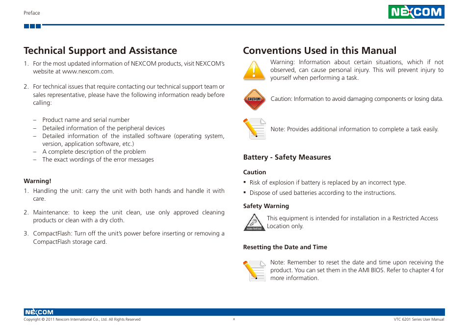 Technical support and assistance, Conventions used in this manual | NEXCOM VTC 6201 User Manual | Page 10 / 76