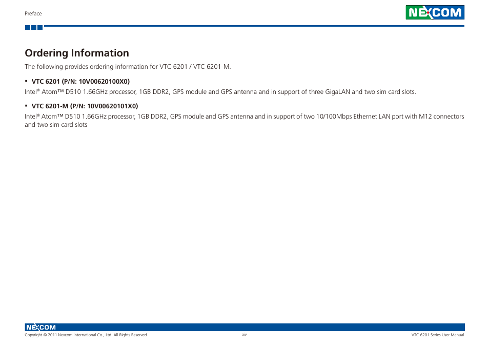 Ordering information | NEXCOM VTC 6201 User Manual | Page 14 / 76