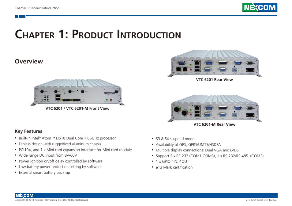 Hapter, Roduct, Ntroduction | Overview | NEXCOM VTC 6201 User Manual | Page 15 / 76