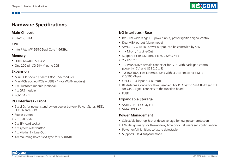 Hardware specifications | NEXCOM VTC 6201 User Manual | Page 17 / 76