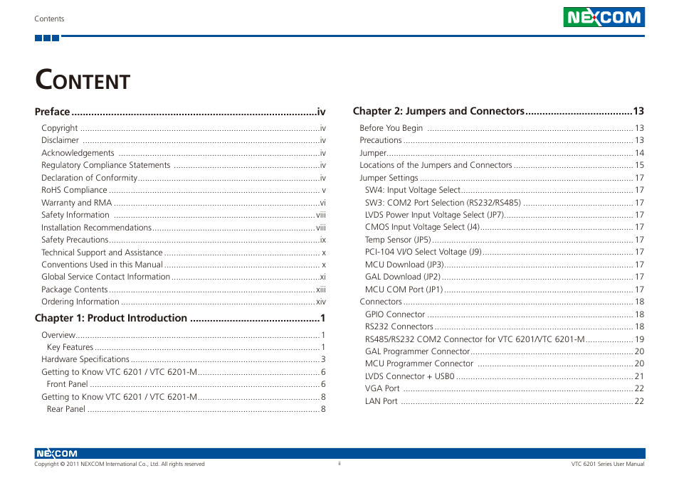 Ontent | NEXCOM VTC 6201 User Manual | Page 2 / 76