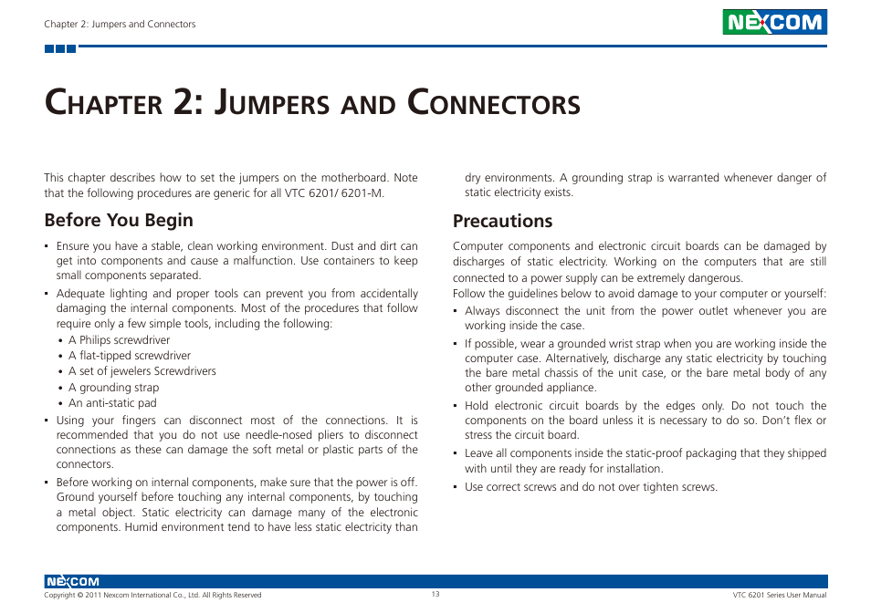 Hapter, Umpers, Onnectors | Before you begin, Precautions | NEXCOM VTC 6201 User Manual | Page 27 / 76