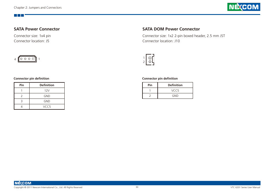 Sata power connector, Sata dom power connector | NEXCOM VTC 6201 User Manual | Page 44 / 76