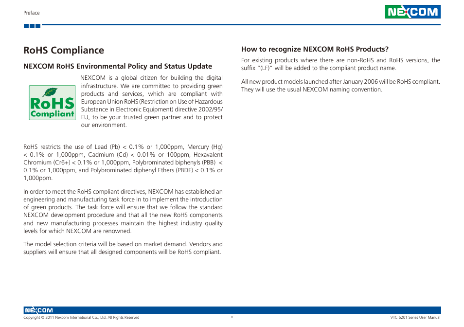 Rohs compliance | NEXCOM VTC 6201 User Manual | Page 5 / 76