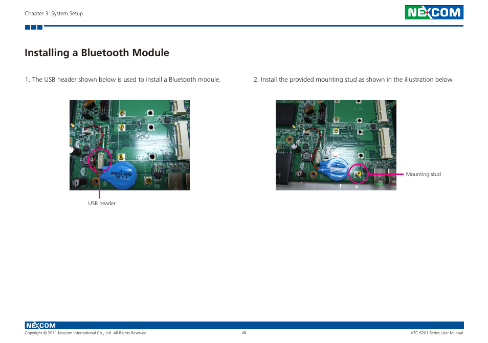 Installing a bluetooth module | NEXCOM VTC 6201 User Manual | Page 52 / 76