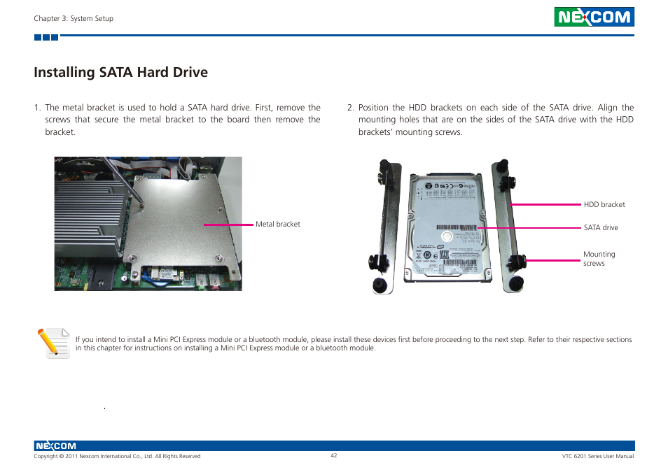 Installing sata hard drive | NEXCOM VTC 6201 User Manual | Page 56 / 76