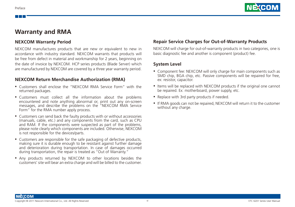 Warranty and rma | NEXCOM VTC 6201 User Manual | Page 6 / 76