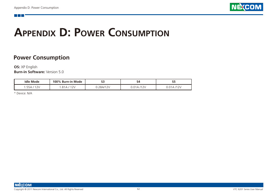 D: p, Ppendix, Ower | Onsumption, Power consumption | NEXCOM VTC 6201 User Manual | Page 76 / 76