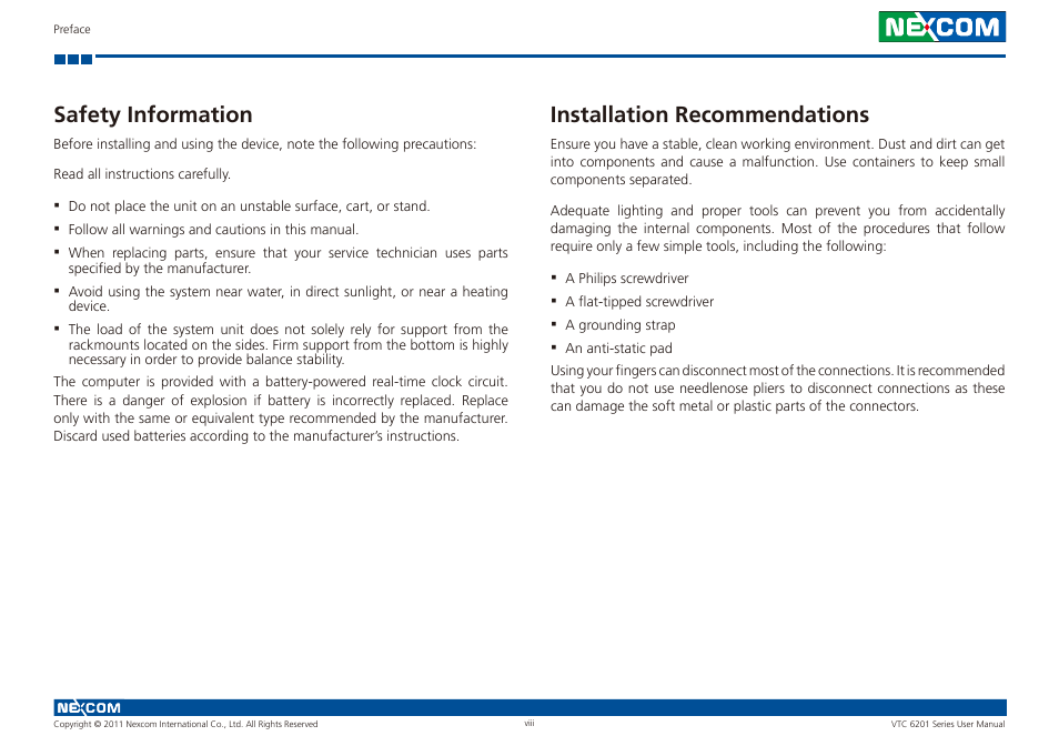 Installation recommendations, Safety information | NEXCOM VTC 6201 User Manual | Page 8 / 76